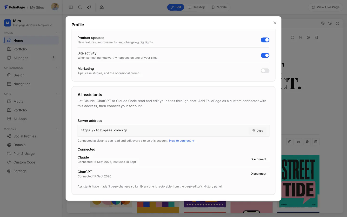 The Profile dialog with the AI assistants card: the server address with a Copy button, Claude and ChatGPT connected, Disconnect buttons