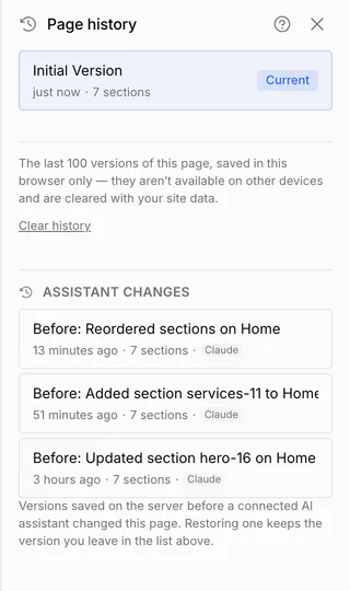 The Page history panel: three versions saved before Claude changed the page, each restorable in one click
